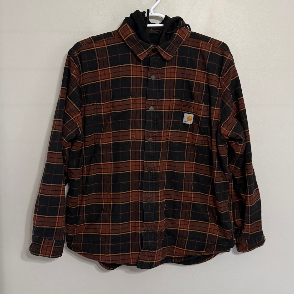 Carhartt Mens Large Brown Plaid Fleece Lined Hooded Flannel Shirt Jacket Shacket - Picture 2 of 7